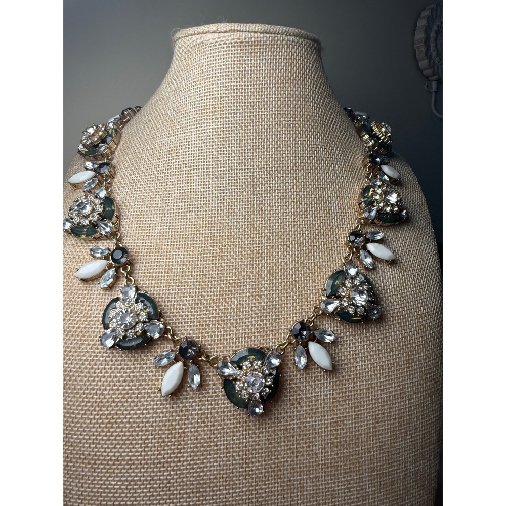 Natasha Gold Tone Green White Crystal Statement Necklace Chunky Collar Cocktail